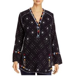 JOHNNY WAS Nazar Black Cotton Gauze Tunic with Multicolor Accents, M